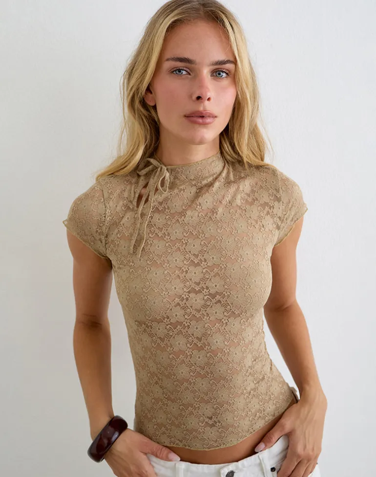 Jiwon Keyhole Top in Lace Khaki
