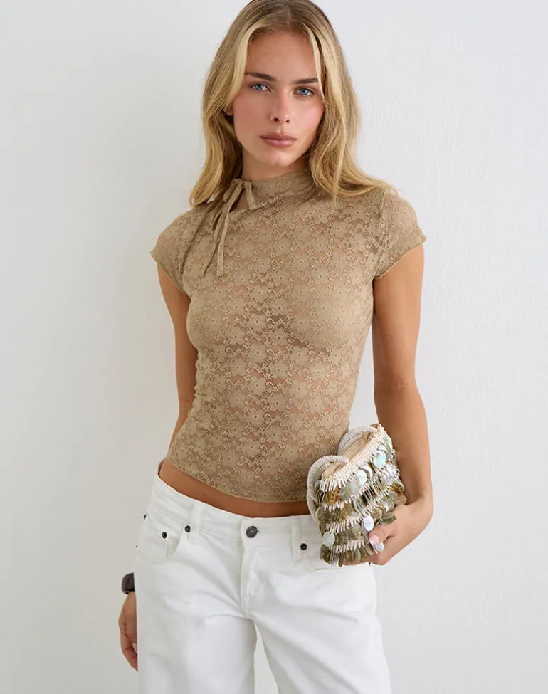 Jiwon Keyhole Top in Lace Khaki