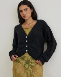 Jiyo Gathered Cardigan in Knit Black
