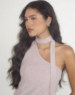 Joanka Tie Neck Dress in Shimmer Lurex Pink
