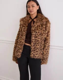 Joji Crop Faux Fur Jacket in Brown Leopard