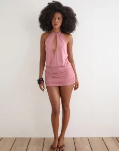 Jolicia Halterneck Mini Dress in Cupro Pink