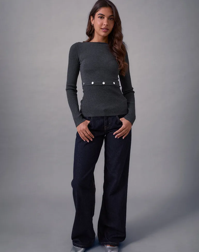 Josa Long Sleeve Knit Top in Dark Charcoal with Studs