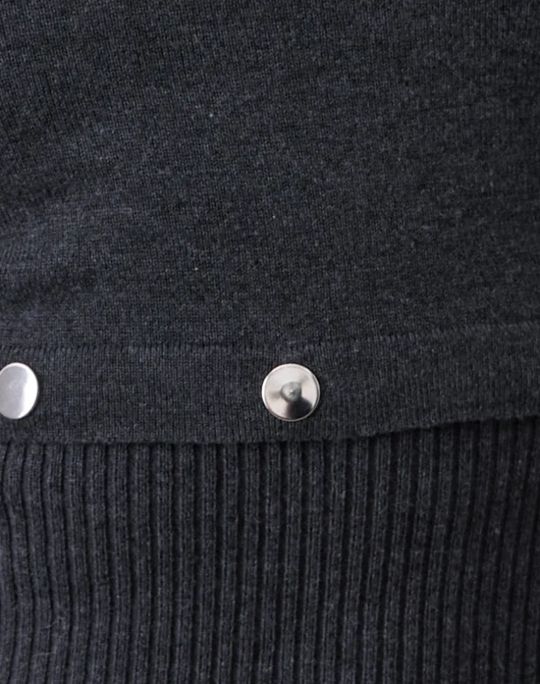 Josa Long Sleeve Knit Top in Dark Charcoal with Studs