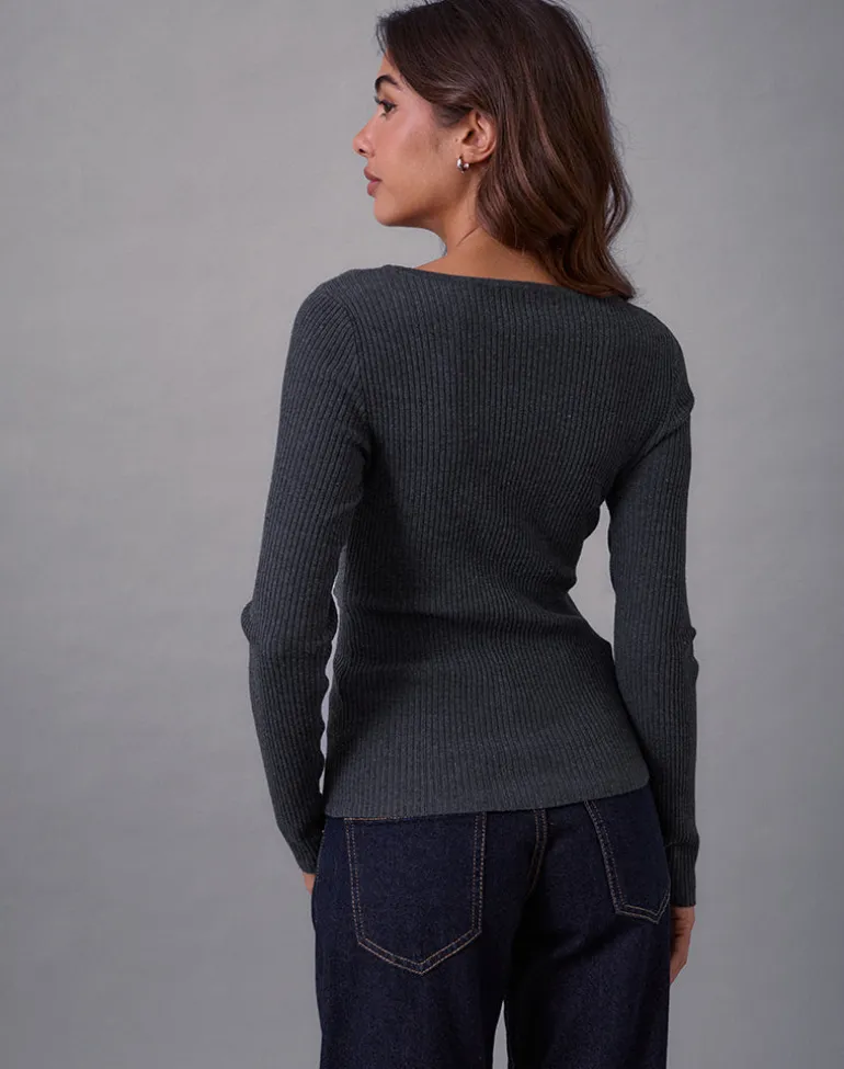 Josa Long Sleeve Knit Top in Dark Charcoal with Studs