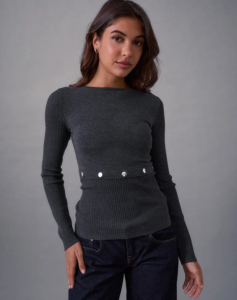 Josa Long Sleeve Knit Top in Dark Charcoal with Studs