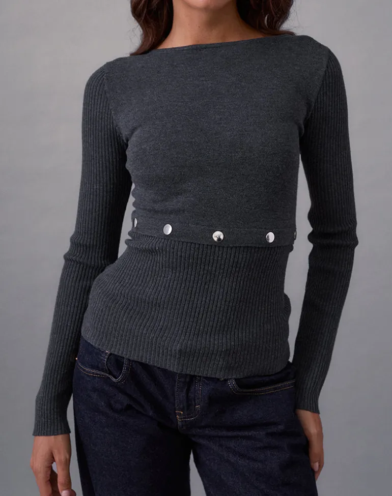 Josa Long Sleeve Knit Top in Dark Charcoal with Studs