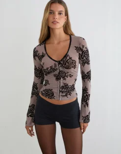 Jumah Top in Taupe Grey with Bold Floral Flock