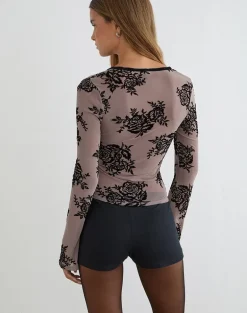 Jumah Top in Taupe Grey with Bold Floral Flock