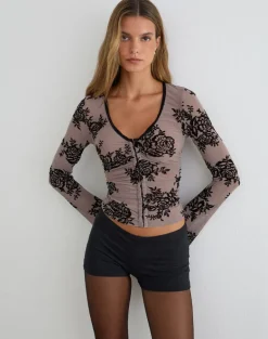 Jumah Top in Taupe Grey with Bold Floral Flock
