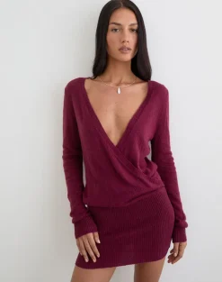 Junbi Wrap Mini Dress in Knit Wine