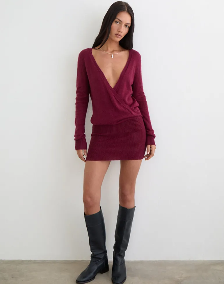 Junbi Wrap Mini Dress in Knit Wine