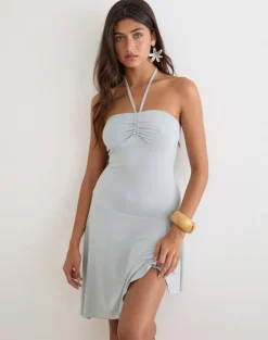 Juvela Halterneck Mini Dress in Cupro Ice Blue