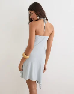 Juvela Halterneck Mini Dress in Cupro Ice Blue