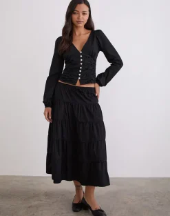 Kadek Fitted Plunge Blouse in Poplin Black