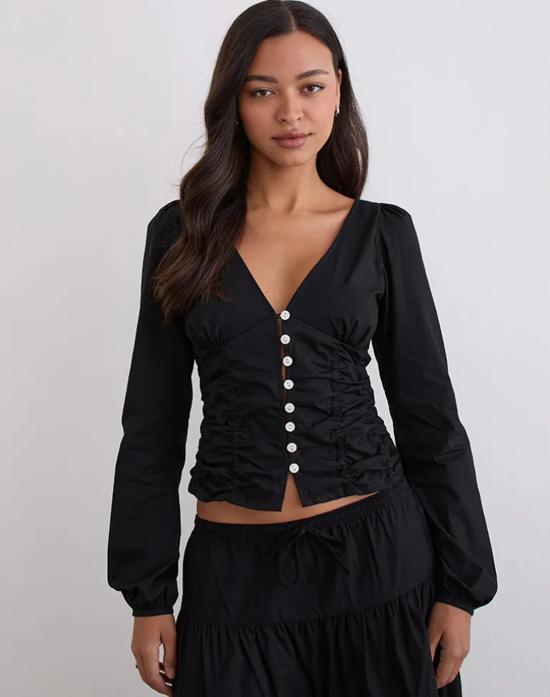 Kadek Fitted Plunge Blouse in Poplin Black