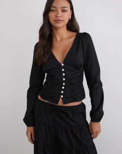 Kadek Fitted Plunge Blouse in Poplin Black