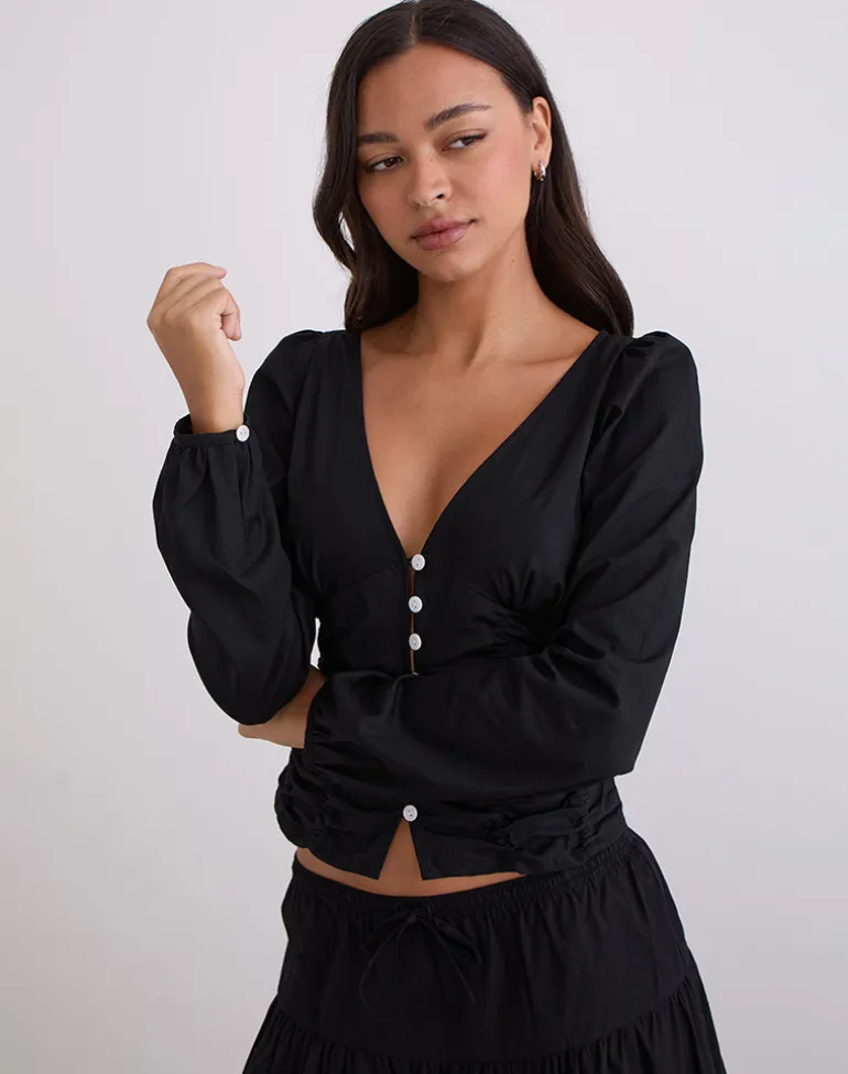 Kadek Fitted Plunge Blouse in Poplin Black