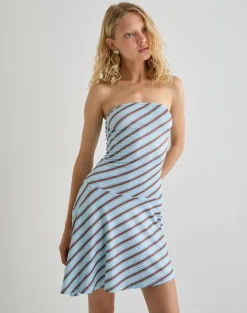 Kagari Mini Dress in Diagonal Stripe Light Blue