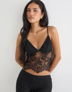 Kaika Plunge Cami Top in Eyelash Lace Black