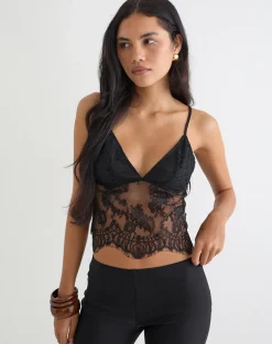 Kaika Plunge Cami Top in Eyelash Lace Black