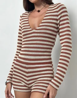 Kaipo Tie Back Playsuit in Brown Ivory Stripe