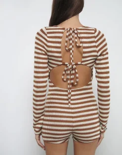 Kaipo Tie Back Playsuit in Brown Ivory Stripe