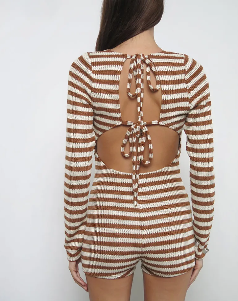 Kaipo Tie Back Playsuit in Brown Ivory Stripe