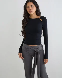 Kalais Long Sleeve Twisted Neckline Top in Black