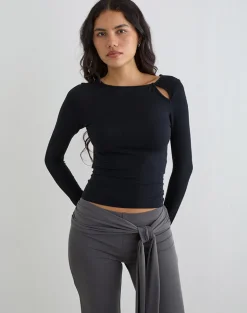 Kalais Long Sleeve Twisted Neckline Top in Black