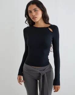Kalais Long Sleeve Twisted Neckline Top in Black