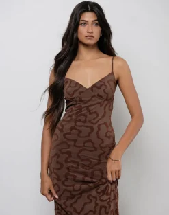 Kalana Maxi Dress in Brown Swirl Flock