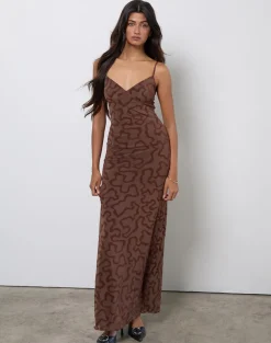 Kalana Maxi Dress in Brown Swirl Flock