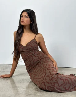 Kalana Maxi Dress in Brown Swirl Flock