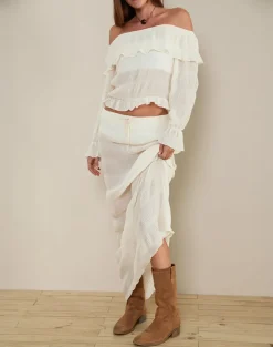 Kalena Long Sleeve Bardot Top in Chiffon Plisse Ivory