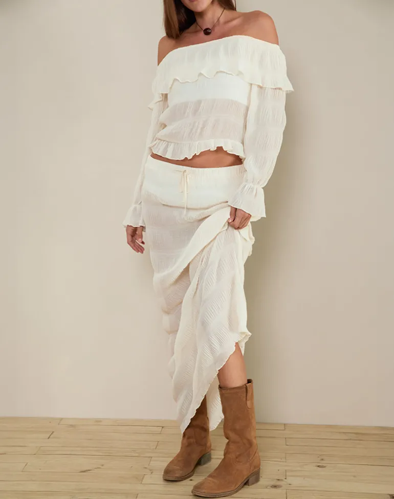Kalena Long Sleeve Bardot Top in Chiffon Plisse Ivory