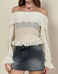 Kalena Long Sleeve Bardot Top in Chiffon Plisse Ivory
