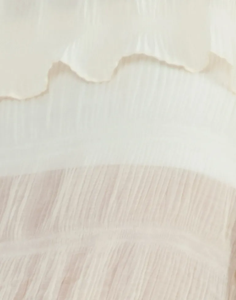 Kalena Long Sleeve Bardot Top in Chiffon Plisse Ivory