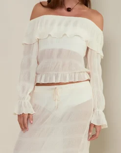 Kalena Long Sleeve Bardot Top in Chiffon Plisse Ivory