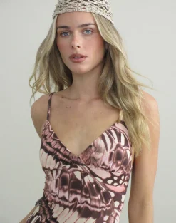 Kalon Strappy Mini Dress in Enchanted Brown