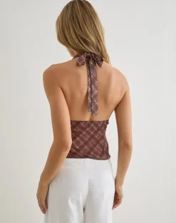 Kaluli Halterneck Top in Stone Check Brown