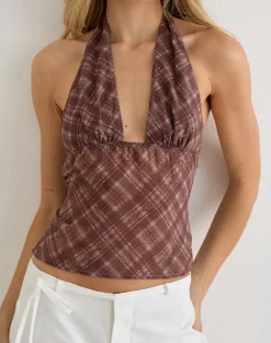 Kaluli Halterneck Top in Stone Check Brown