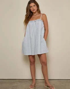 Kamalani Dress in Mini Gingham Blue and Grey