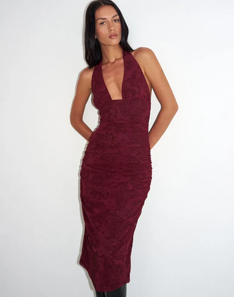 Kamau Dress in Flock Compact Paisley Wine