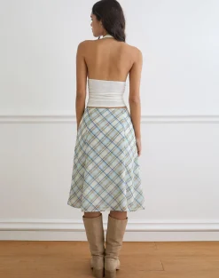 Kamili Midi Skirt in Chiffon Vintage Blue Check