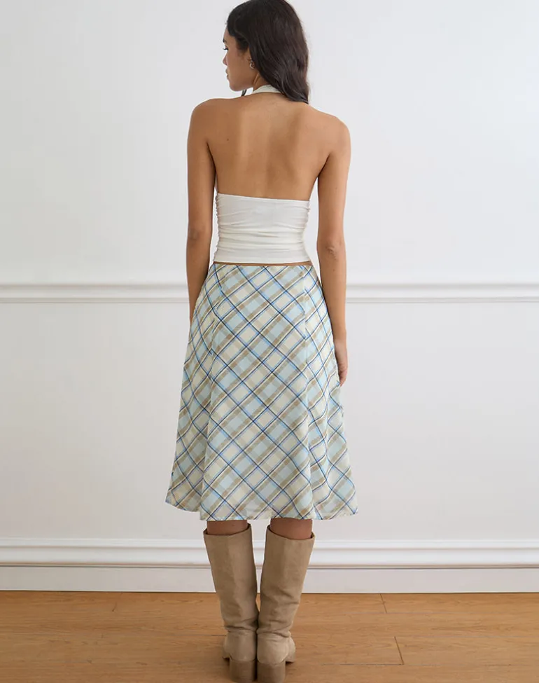 Kamili Midi Skirt in Chiffon Vintage Blue Check