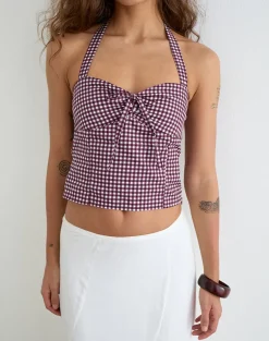 Kampi Halterneck Top in Mini Gingham Wine