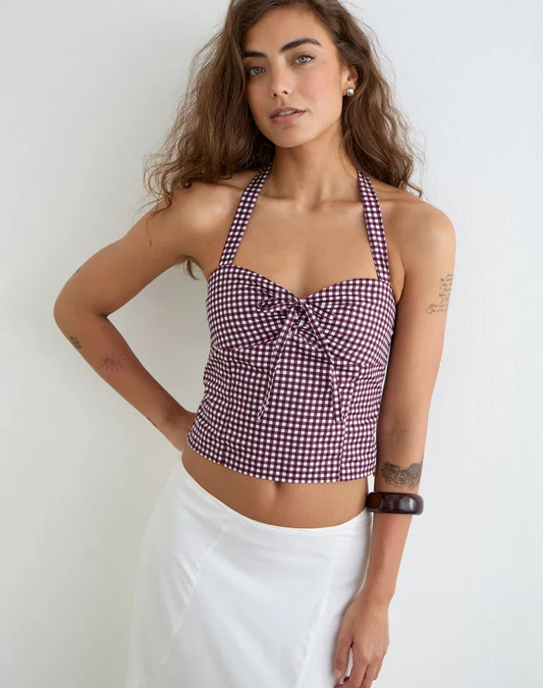 Kampi Halterneck Top in Mini Gingham Wine