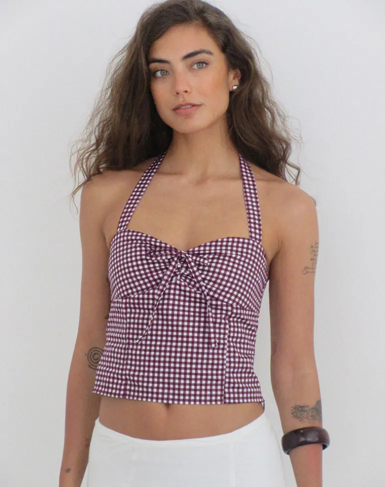 Kampi Halterneck Top in Mini Gingham Wine