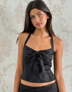 Kampi Halter Top in Satin Jacquard Black